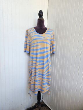 OTG Blue Beige Short Sleeve Dress Stretch Zebra Print Rutched Sides Sz XL